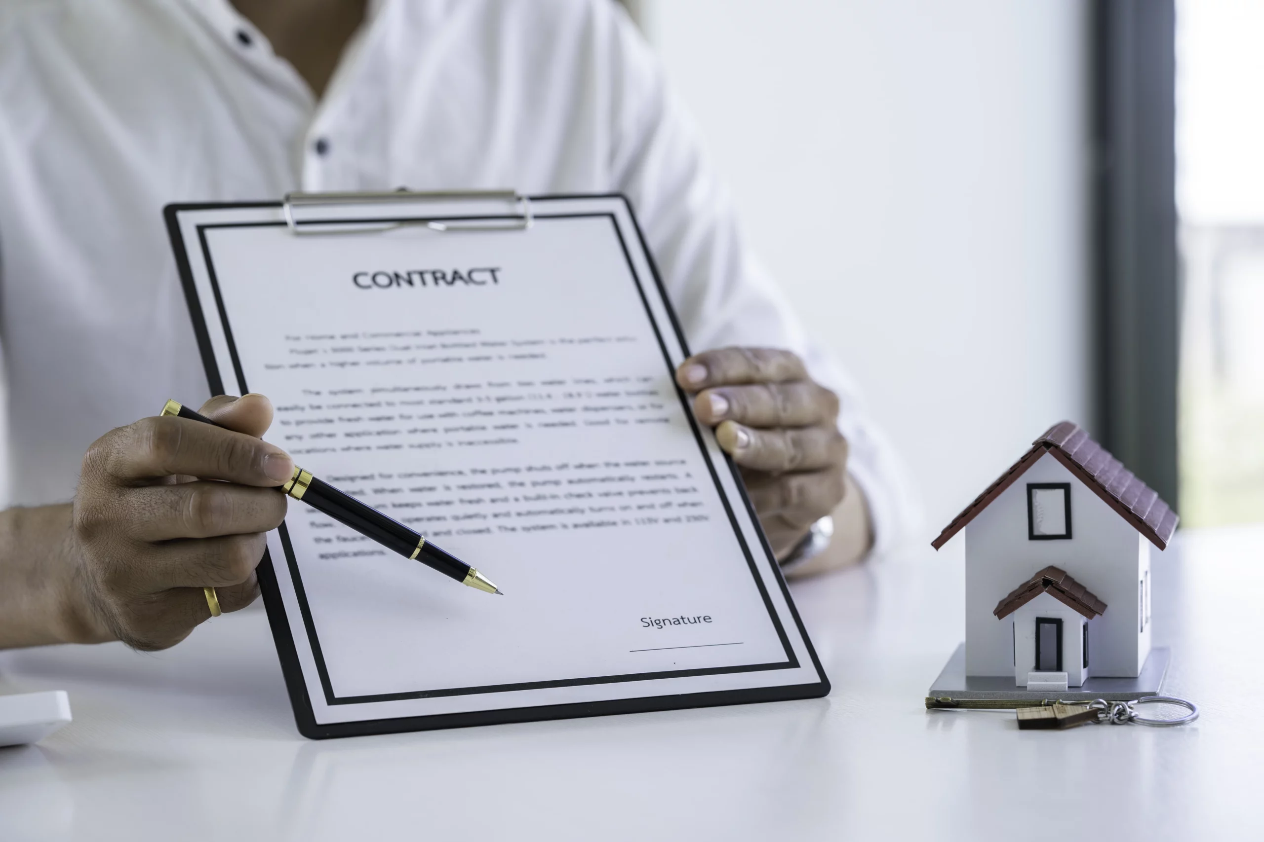 Person reviewing a real estate contract with a model house and keys on the table